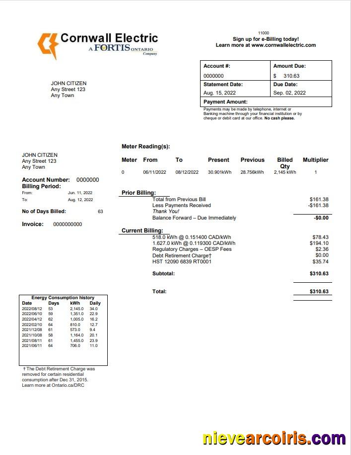 USA Cornwall Electric utility bill